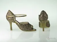 3" Lana -- Slim Heel Latin Sandal -- Brown Net Glitter & Bronze Embossed PU