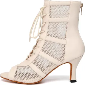 AOQUNFS Latin Salsa Dance Shoes Lace-up Open Toe Ballroom Dance Heel Boots Women