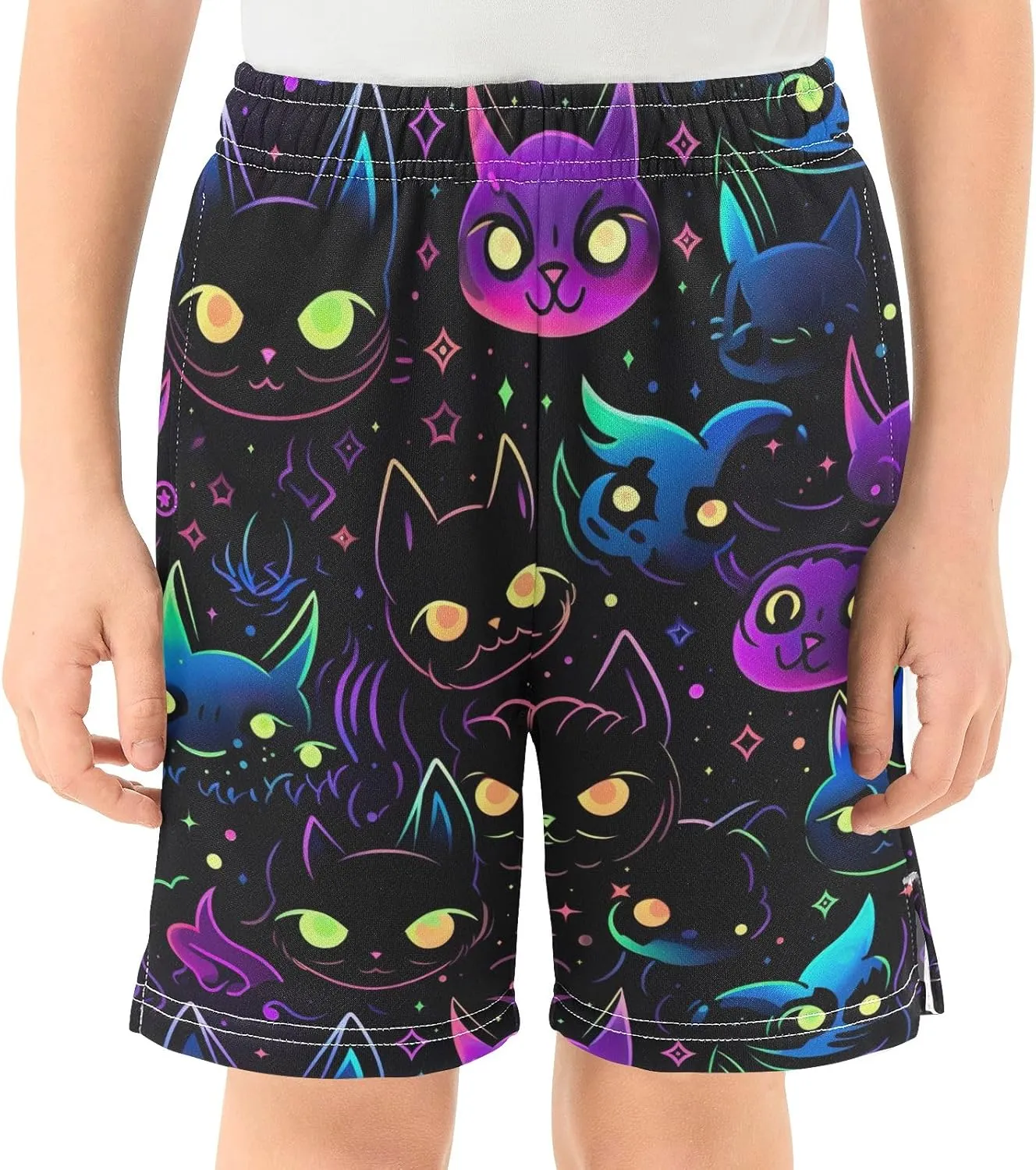 Colorful Neon Galaxy Cats Summer Casual Shorts with Pockets for Boys Pull on Lounge Shorts Outdoor 7-15Y