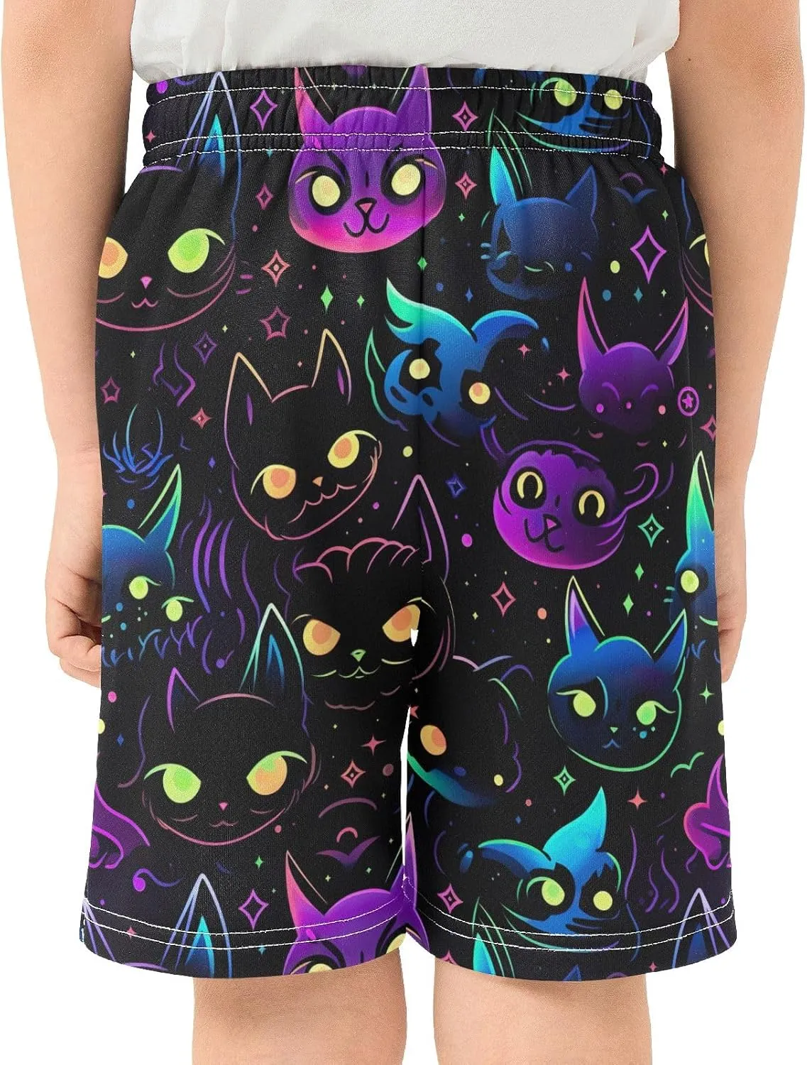 Colorful Neon Galaxy Cats Summer Casual Shorts with Pockets for Boys Pull on Lounge Shorts Outdoor 7-15Y