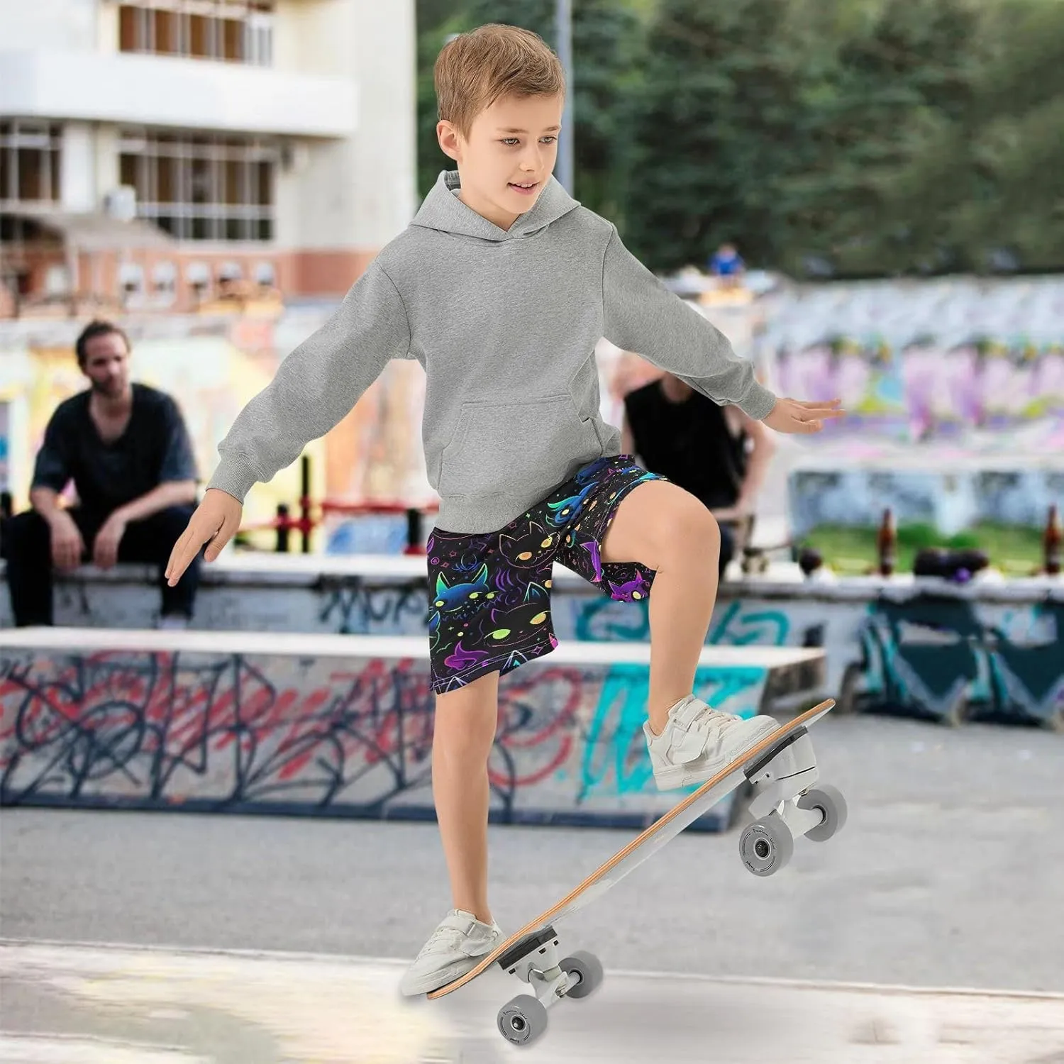 Colorful Neon Galaxy Cats Summer Casual Shorts with Pockets for Boys Pull on Lounge Shorts Outdoor 7-15Y