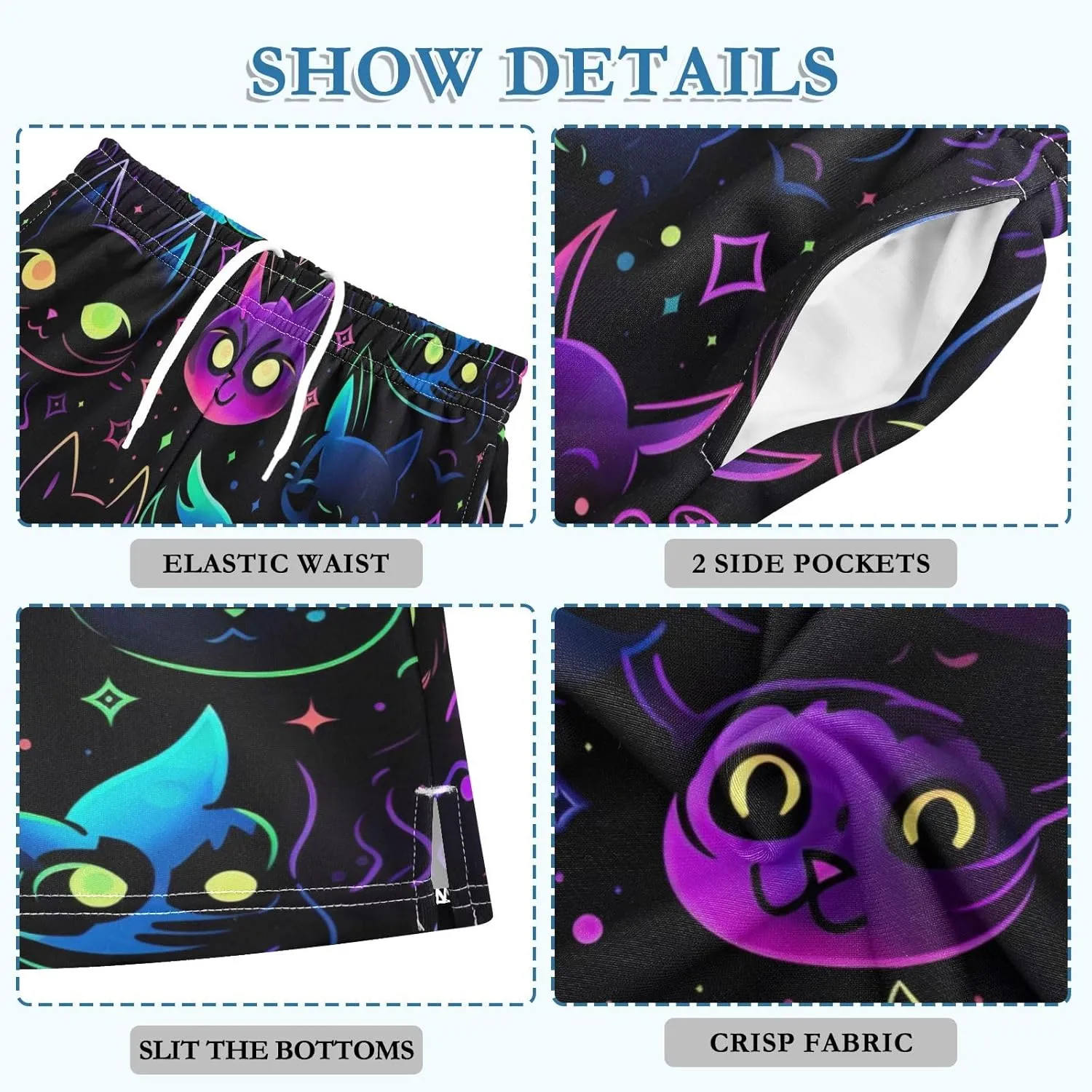 Colorful Neon Galaxy Cats Summer Casual Shorts with Pockets for Boys Pull on Lounge Shorts Outdoor 7-15Y