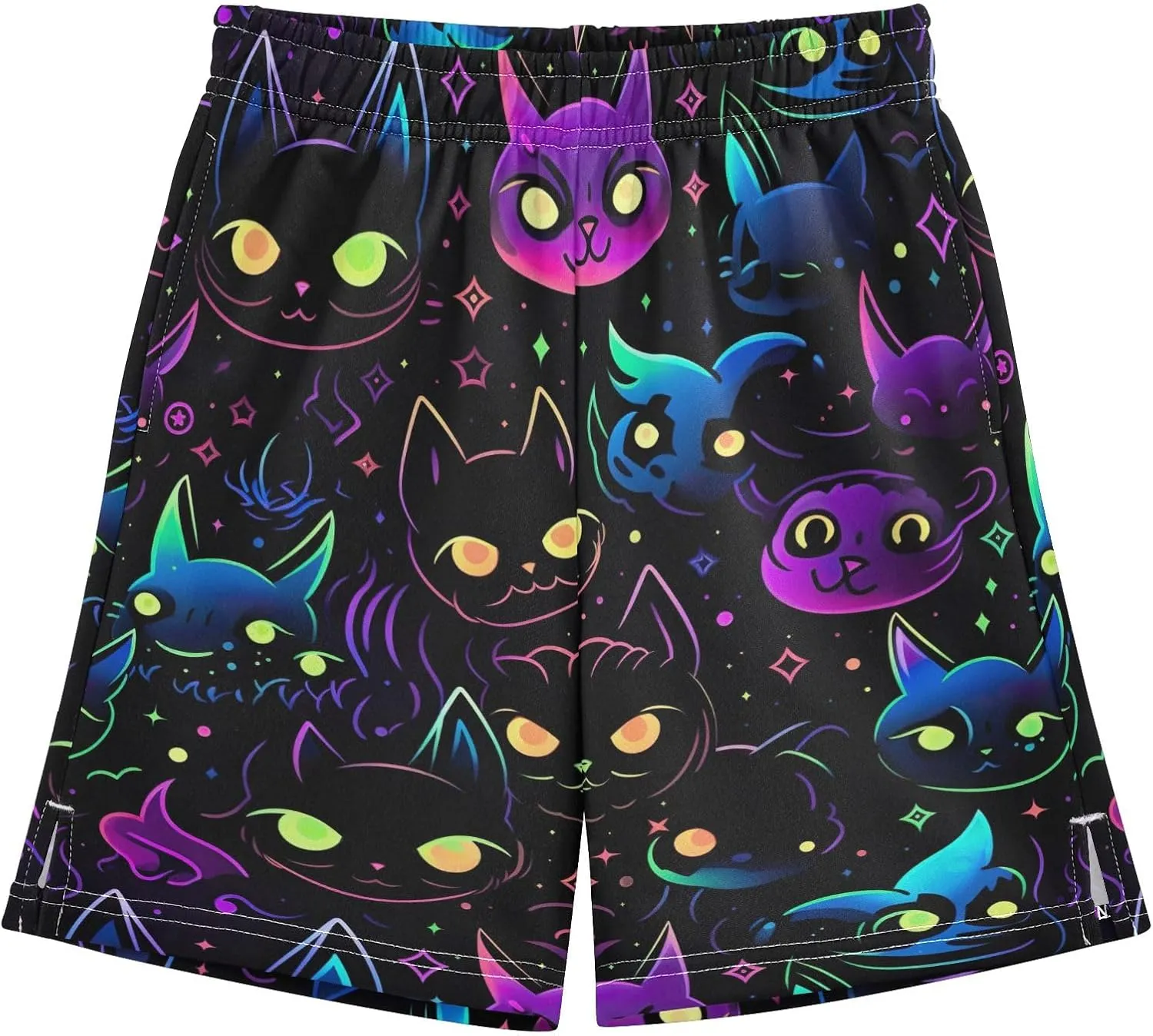 Colorful Neon Galaxy Cats Summer Casual Shorts with Pockets for Boys Pull on Lounge Shorts Outdoor 7-15Y