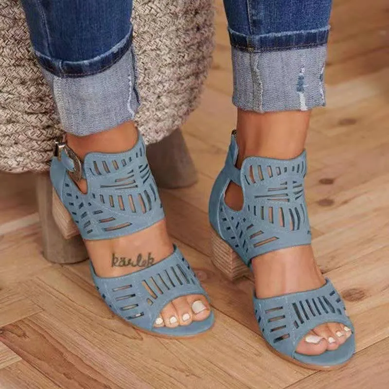 Comelyy Hollow carved block heel women's sandals