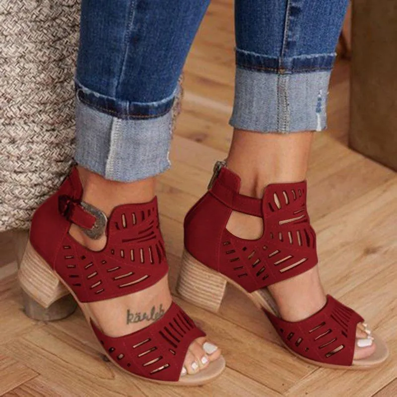 Comelyy Hollow carved block heel women's sandals