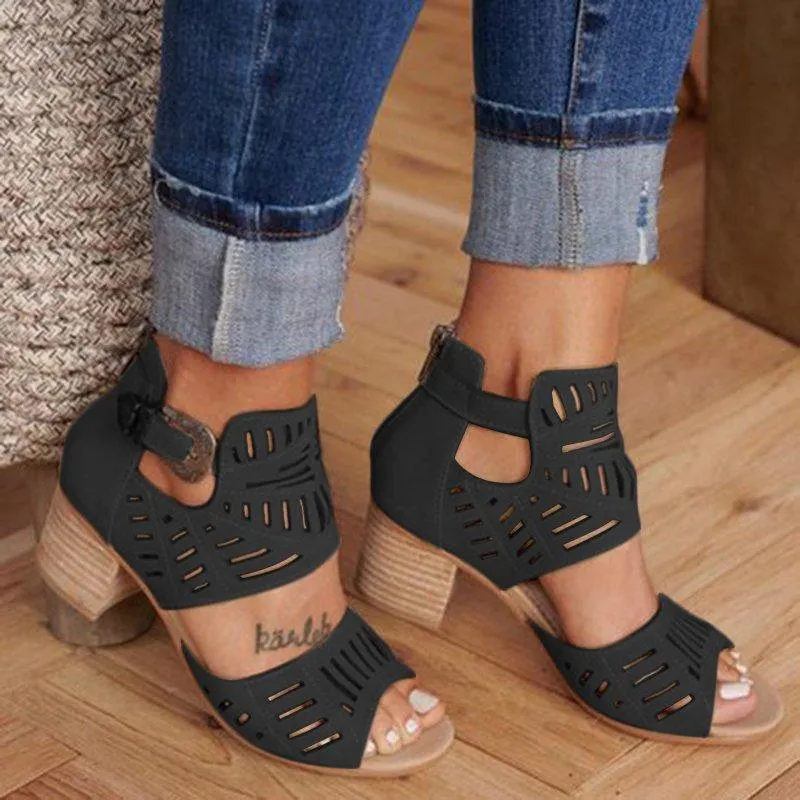 Comelyy Hollow carved block heel women's sandals