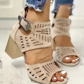 Comelyy Hollow carved block heel women's sandals