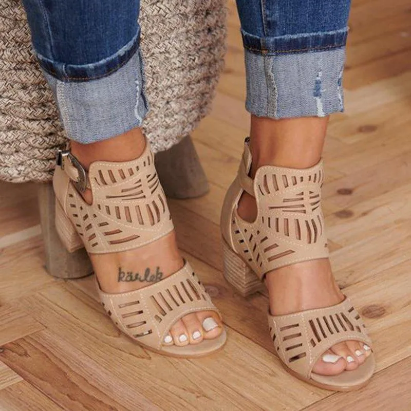 Comelyy Hollow carved block heel women's sandals