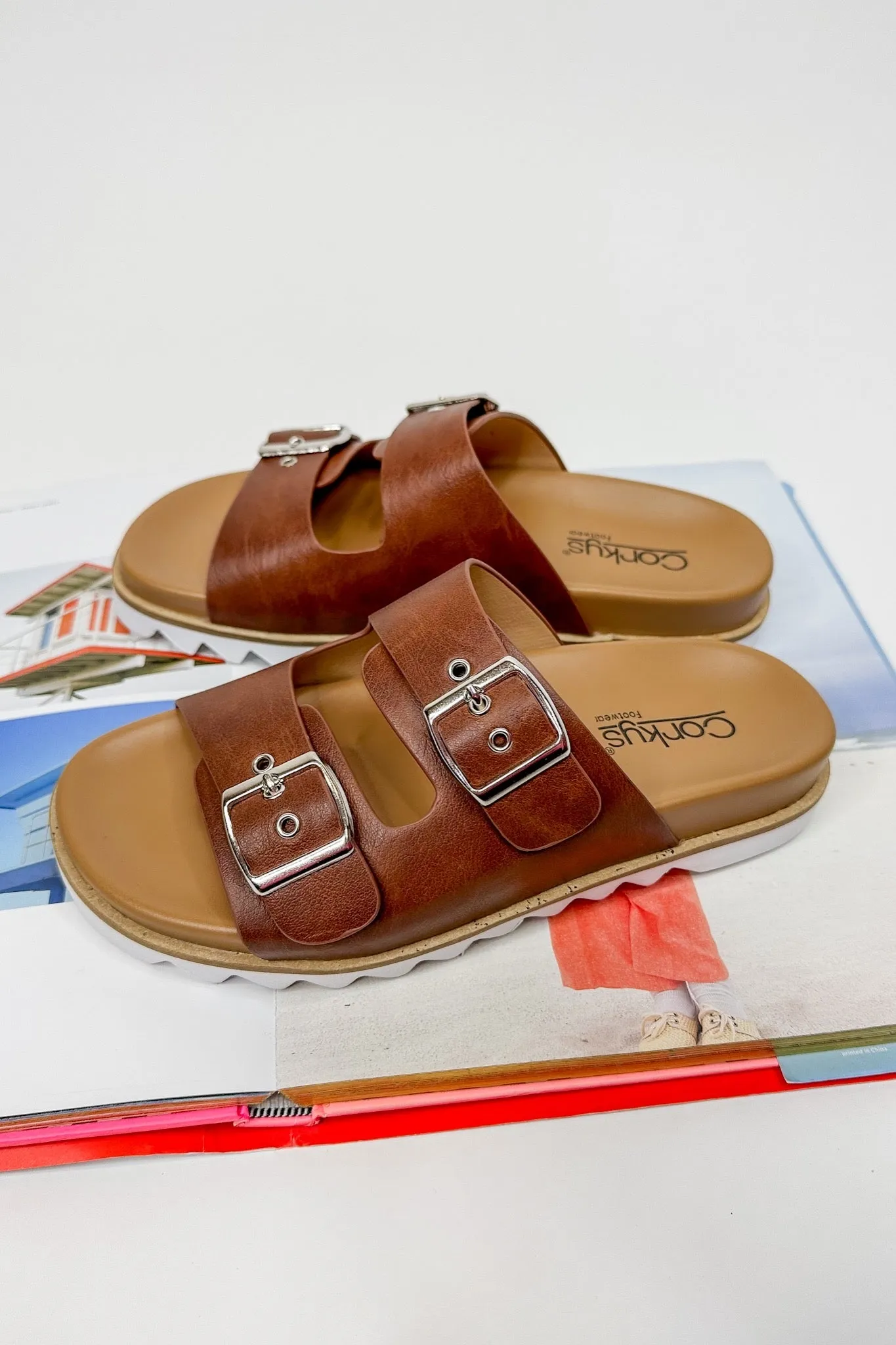 Dash Double Strap Slide On Corkys Sandal in Cognac