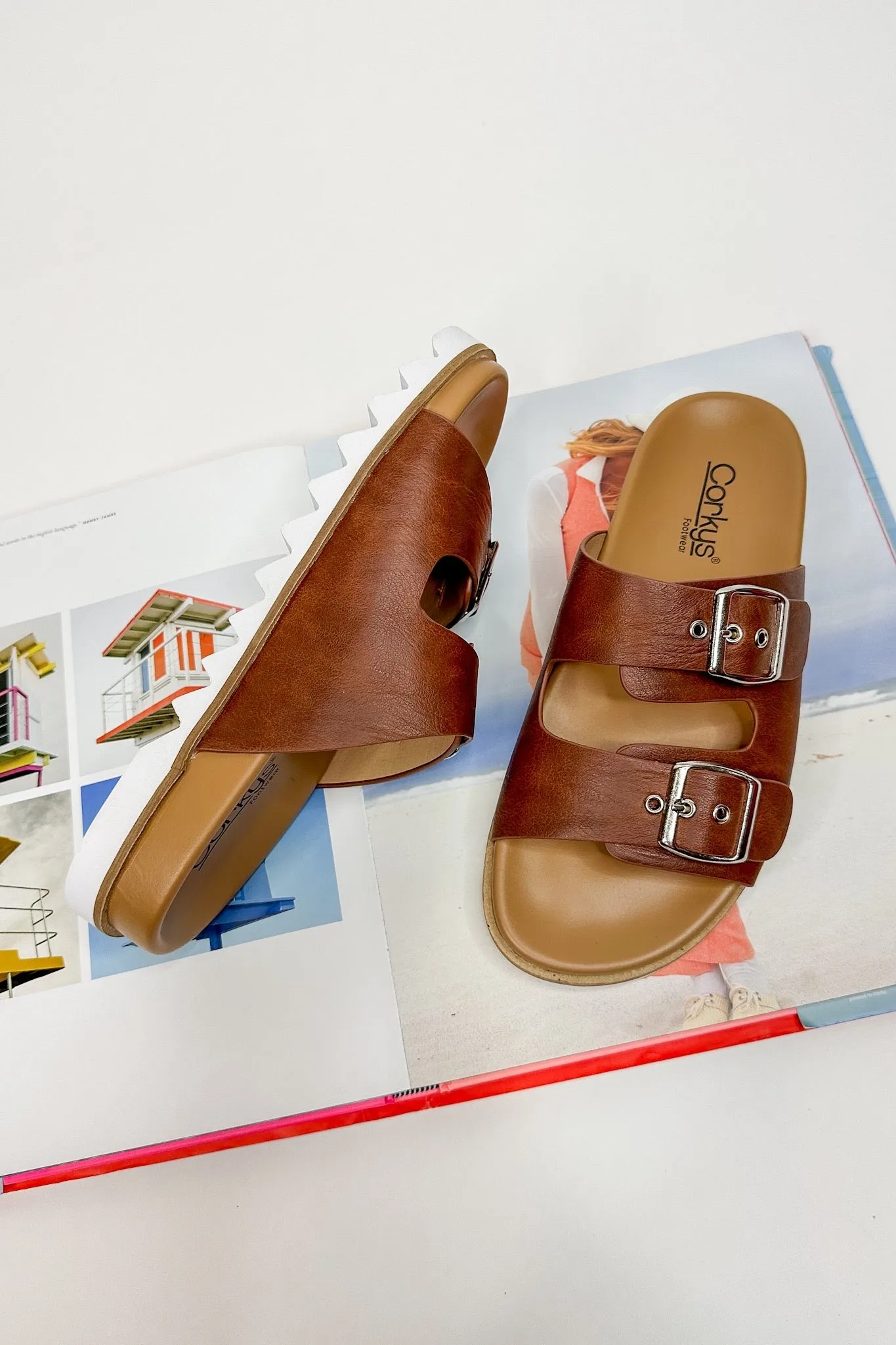 Dash Double Strap Slide On Corkys Sandal in Cognac