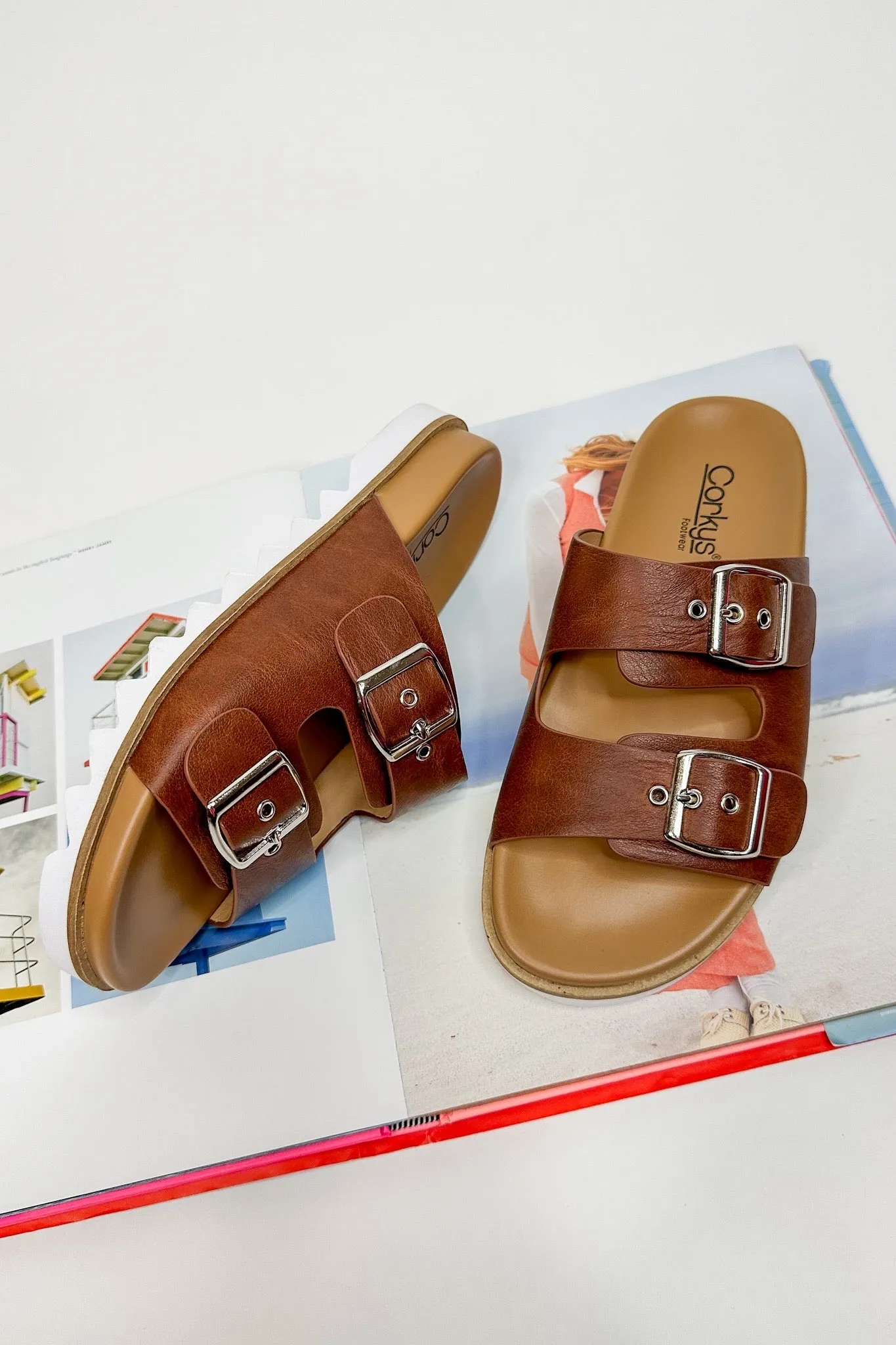 Dash Double Strap Slide On Corkys Sandal in Cognac