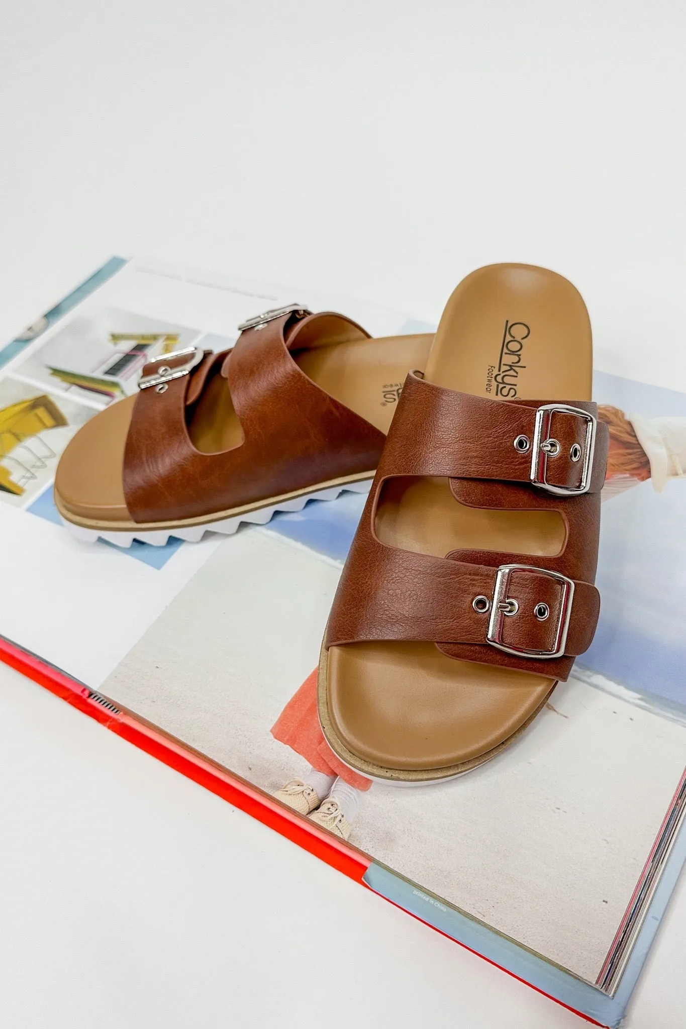 Dash Double Strap Slide On Corkys Sandal in Cognac