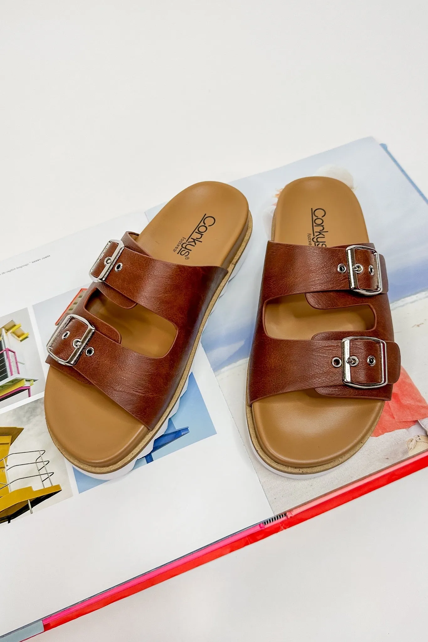 Dash Double Strap Slide On Corkys Sandal in Cognac