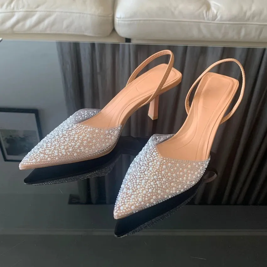 Elegant Pearl-Decorated Slingback Pumps