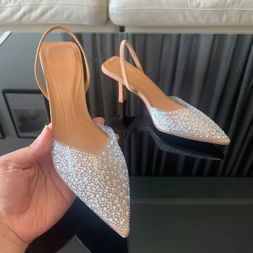Elegant Pearl-Decorated Slingback Pumps