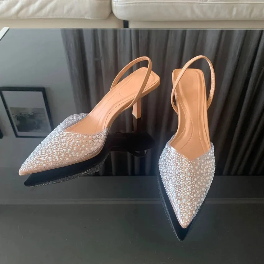 Elegant Pearl-Decorated Slingback Pumps