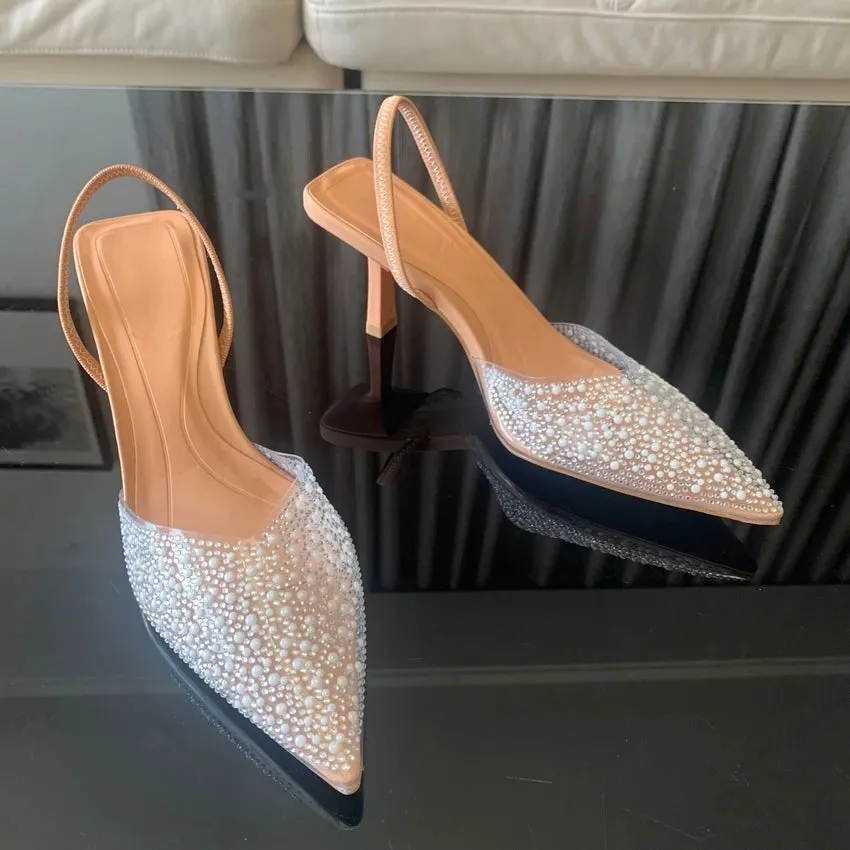 Elegant Pearl-Decorated Slingback Pumps