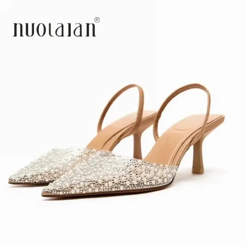 Elegant Pearl-Decorated Slingback Pumps