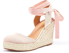Ermonn Womens Espadrilles Wedge Sandals Platform Closed Toe Ankle Strap Lace Up Summer Shoes
