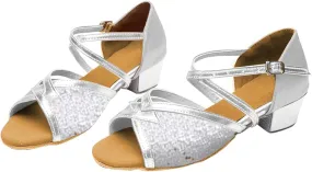 Girls Soft-Soled Glittering Latin Ballroom Dance Sandals Big Kids Low Heels Sequins Tango Practice Shoes