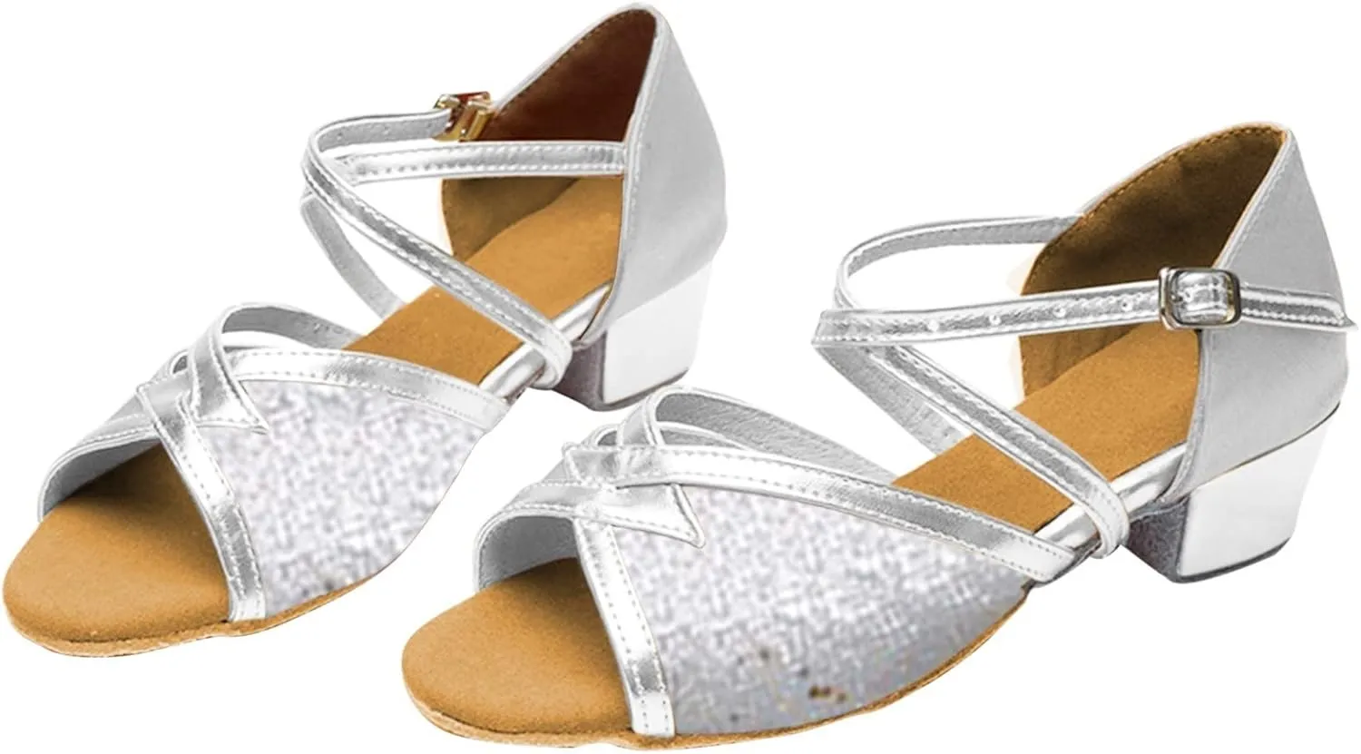 Girls Soft-Soled Glittering Latin Ballroom Dance Sandals Big Kids Low Heels Sequins Tango Practice Shoes