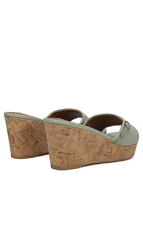 Green Textured Leather Wedges