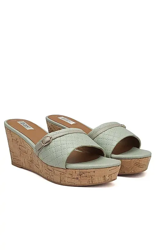 Green Textured Leather Wedges