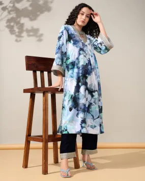 HOK ENSEMBLE - Printed Bluish white floral Velvet Suit set