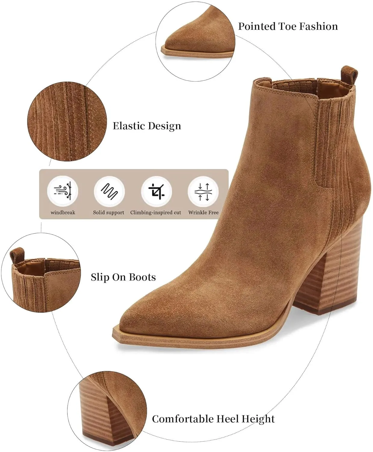 Imily Bela Womens Ankle Boots Pointed Toe Chunky Stacked Mid Heeled Faux Suede Leather Booties