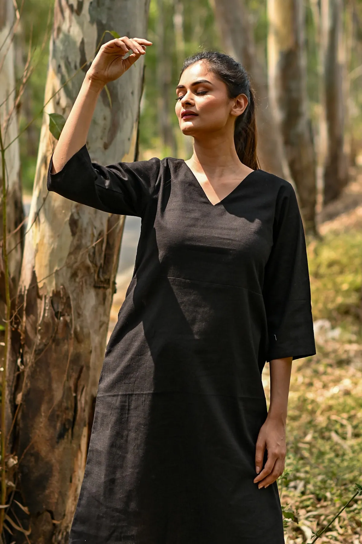 Inaya Cotton Linen A-line Dress - Black