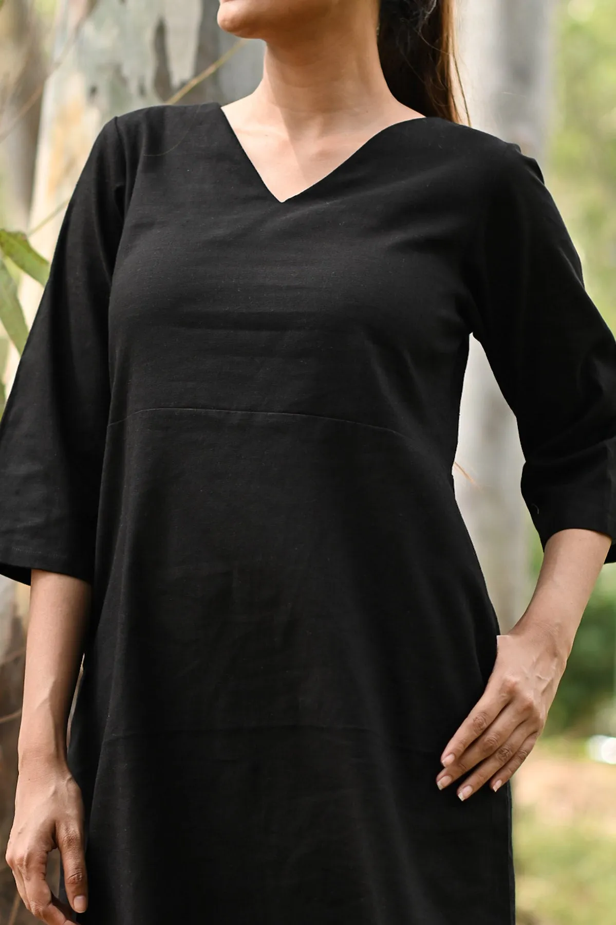 Inaya Cotton Linen A-line Dress - Black