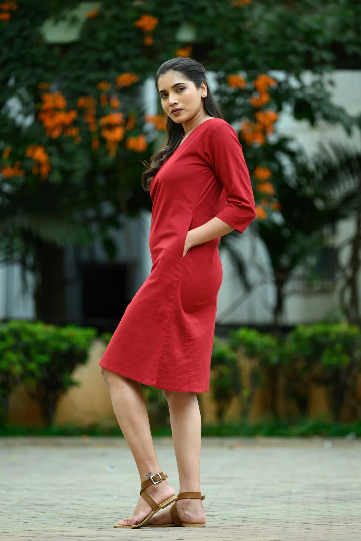 Inaya Cotton Linen A-line Dress - Maroon
