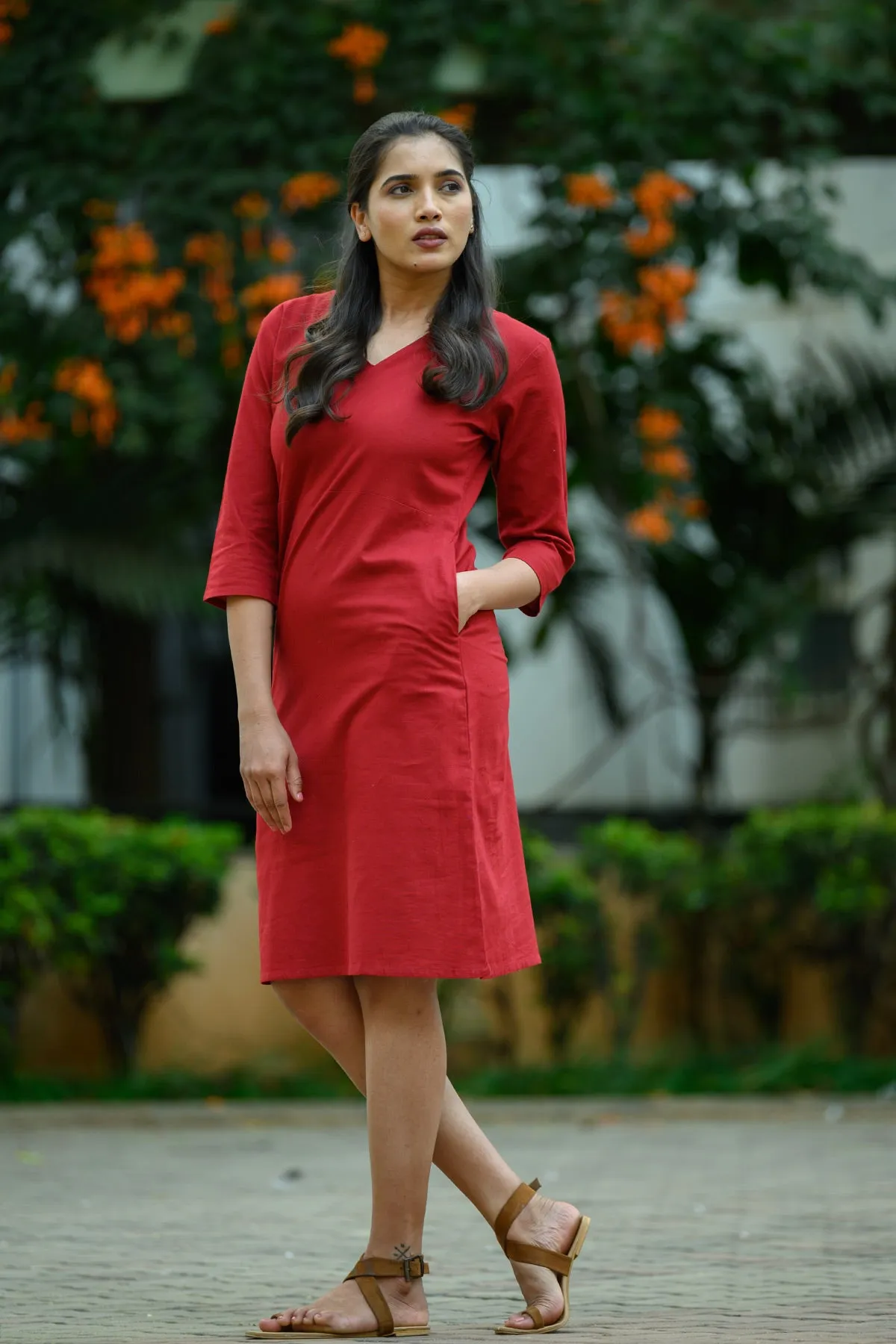 Inaya Cotton Linen A-line Dress - Maroon