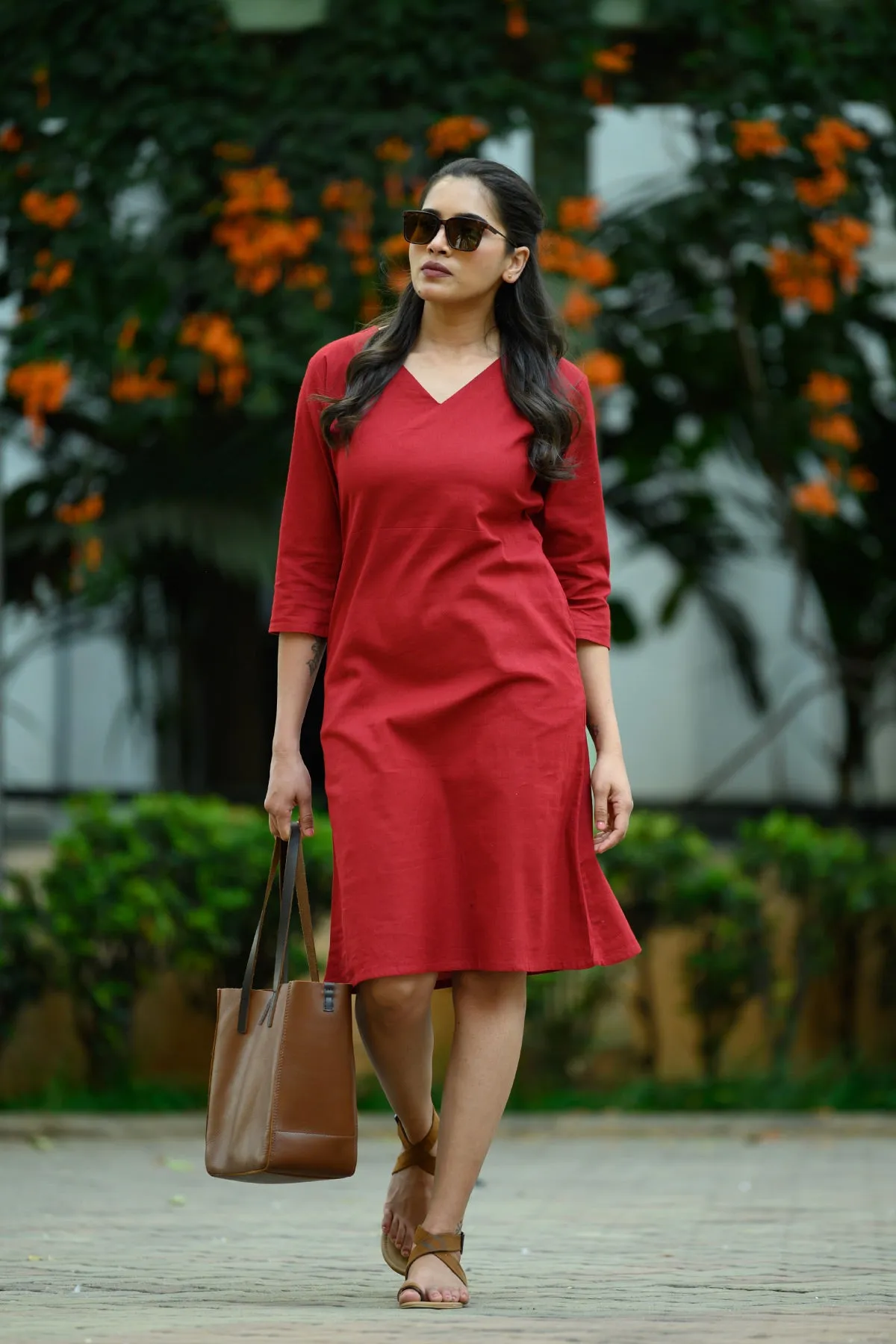 Inaya Cotton Linen A-line Dress - Maroon