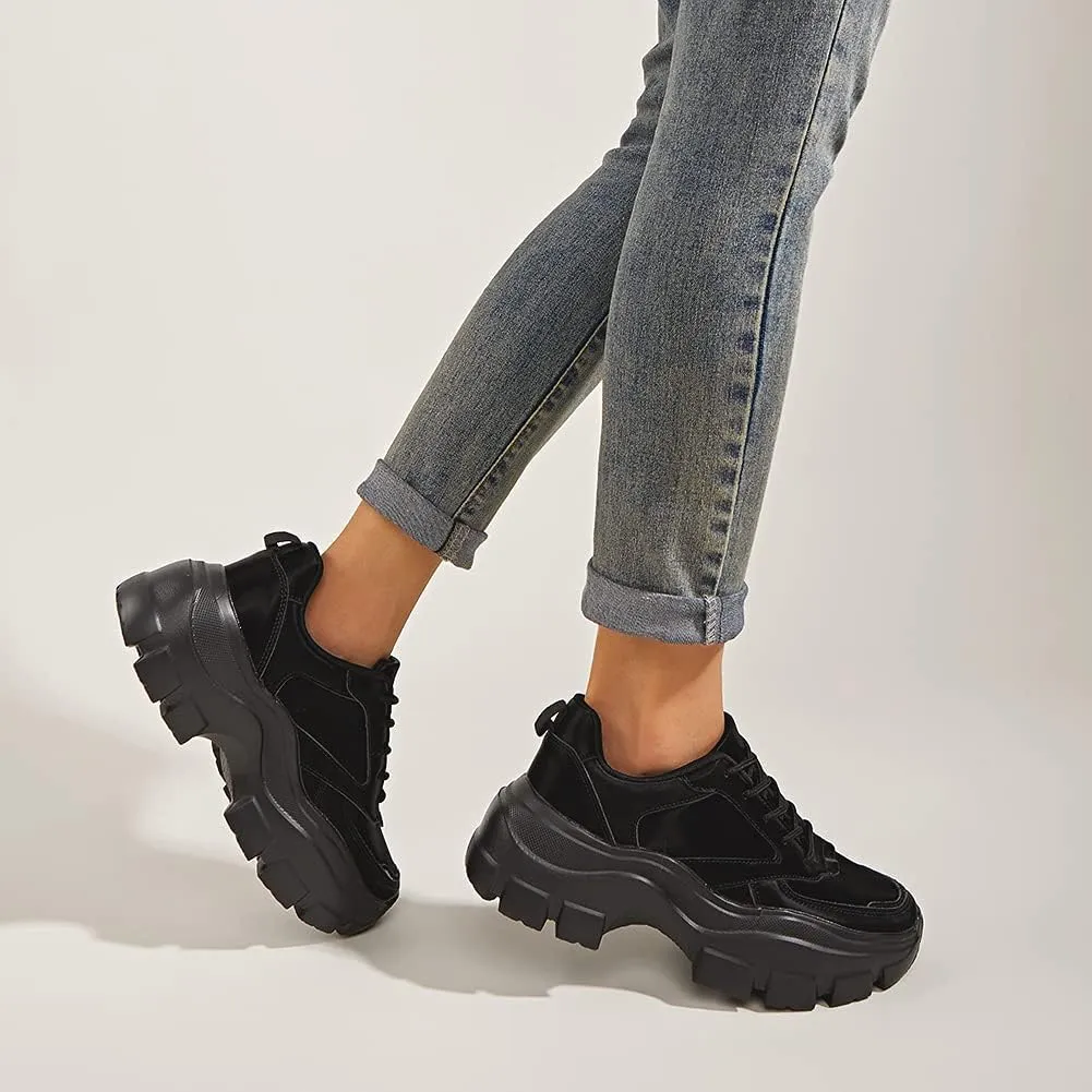 LUCKY STEP Women Chunky Platform Dad Colorblock White Neon Green Fuchsia Hologram Silver Casual Lace-Up Walking Sneakers