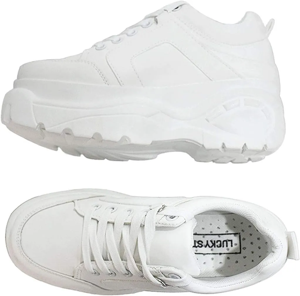 LUCKY STEP Women Chunky Platform Dad Colorblock White Neon Green Fuchsia Hologram Silver Casual Lace-Up Walking Sneakers