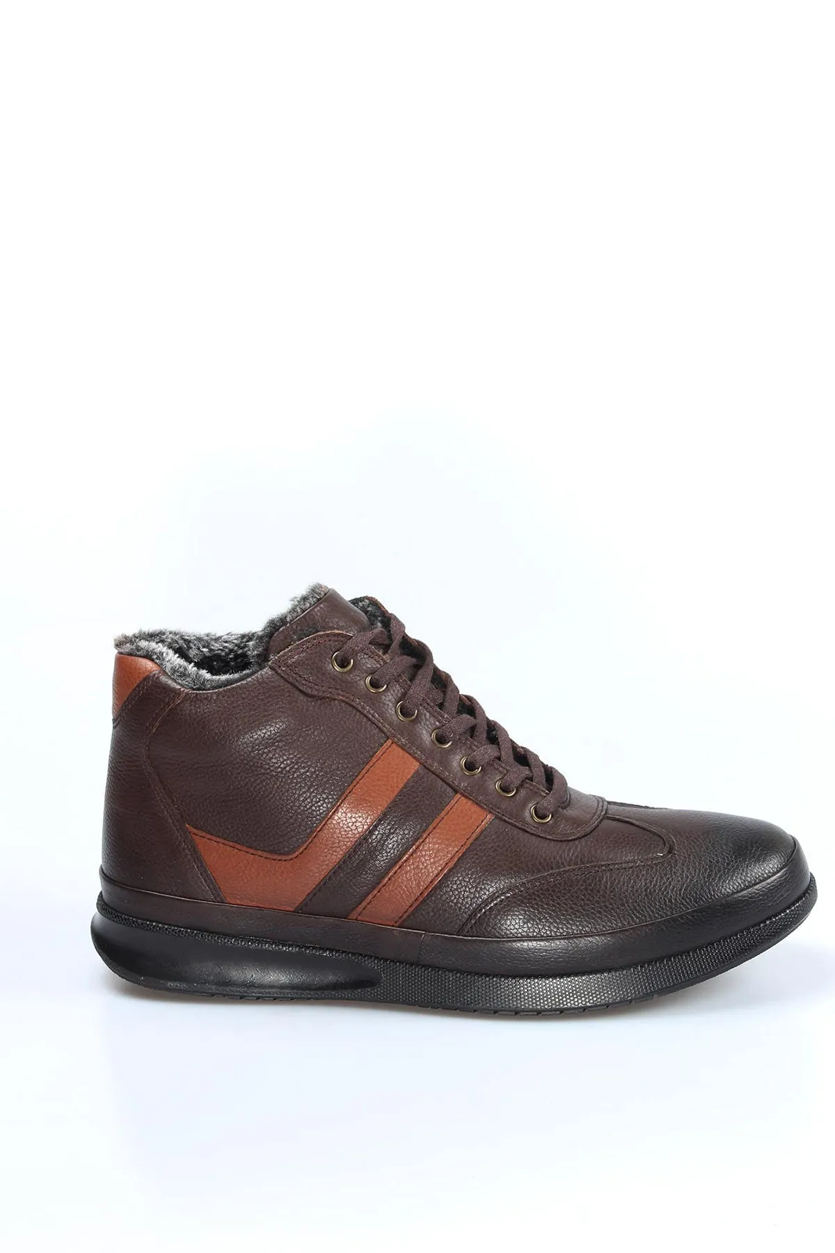 Men's Brown Leather High-Top Sneakers with Fur Lining and Brown Accents - Wessi