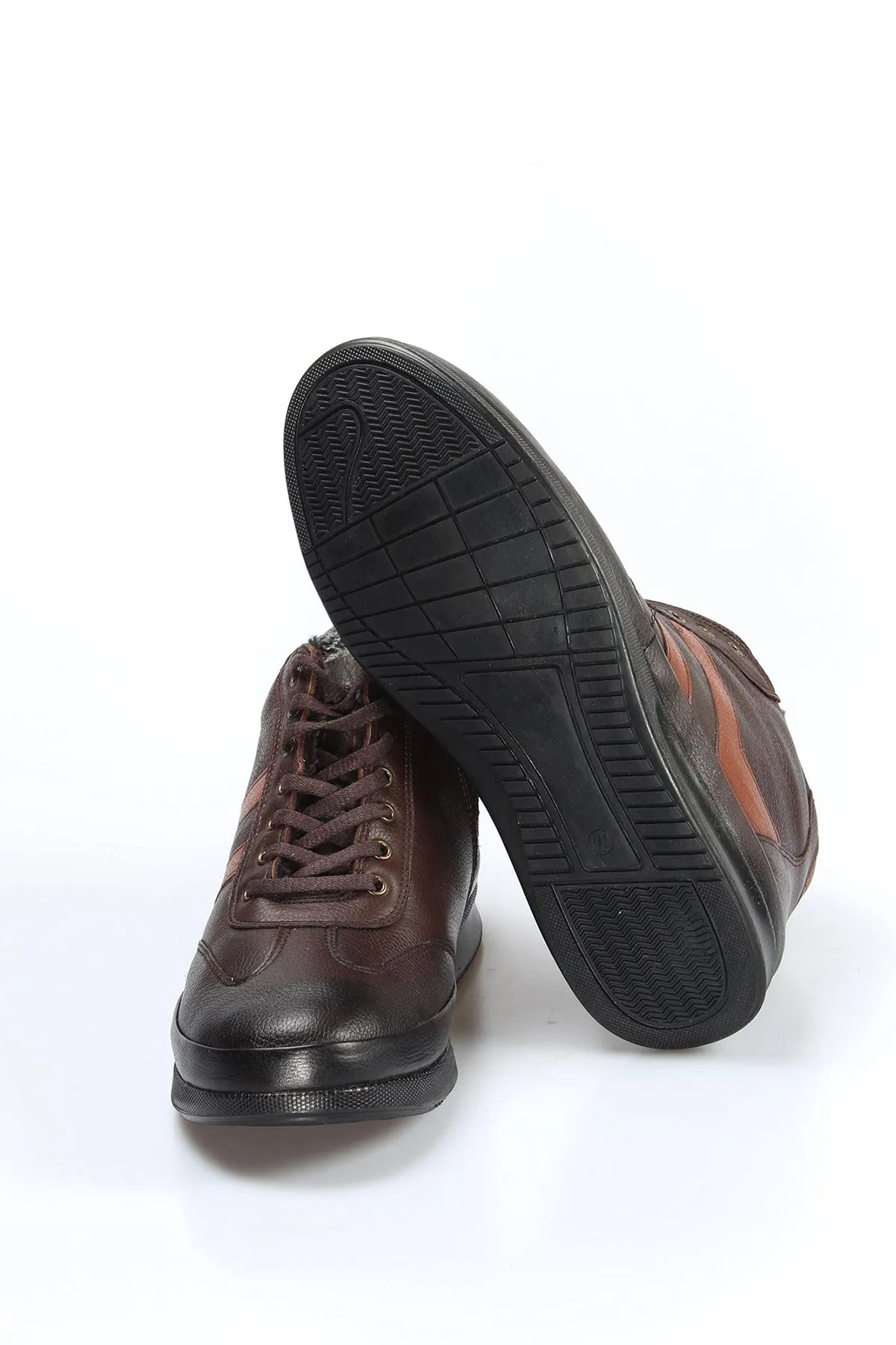 Men's Brown Leather High-Top Sneakers with Fur Lining and Brown Accents - Wessi