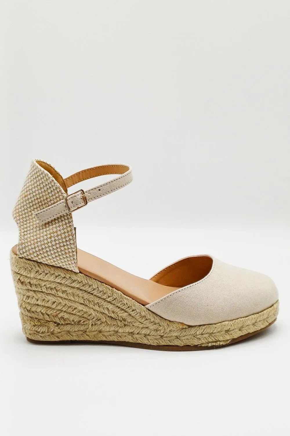 Mira Closed Toe Anklestrap Wedges in Nude