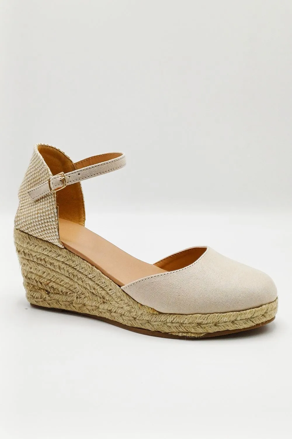 Mira Closed Toe Anklestrap Wedges in Nude