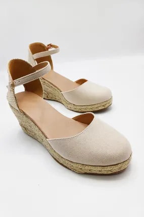 Mira Closed Toe Anklestrap Wedges in Nude