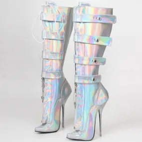 Neon Silver Mid Calf Heel Boots