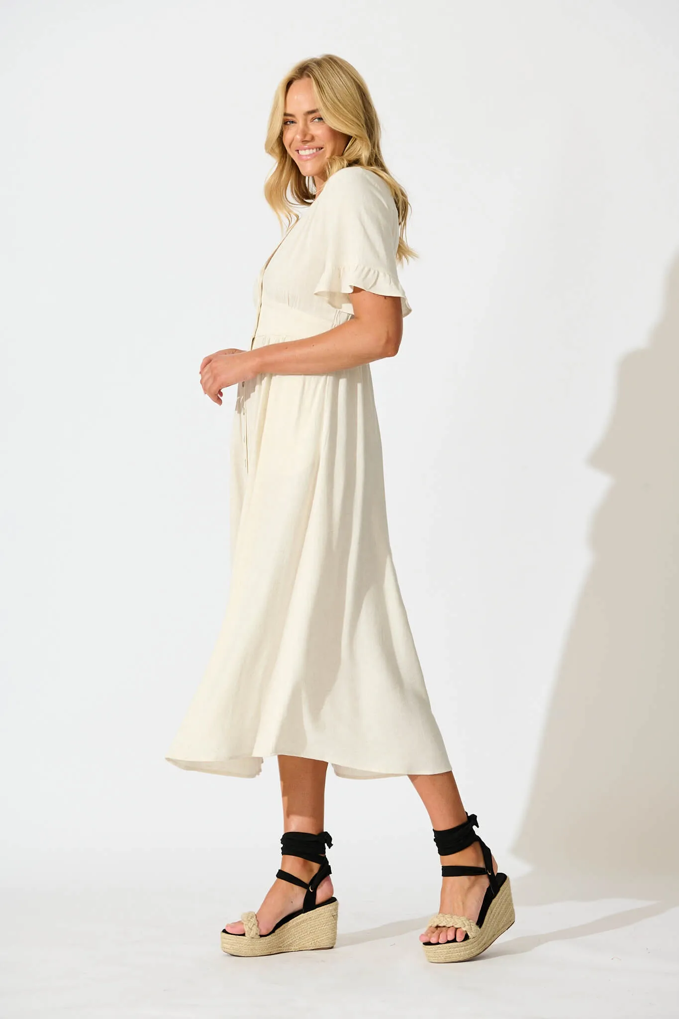 Oatmeal Linen Blend Midi Dress by Daysia