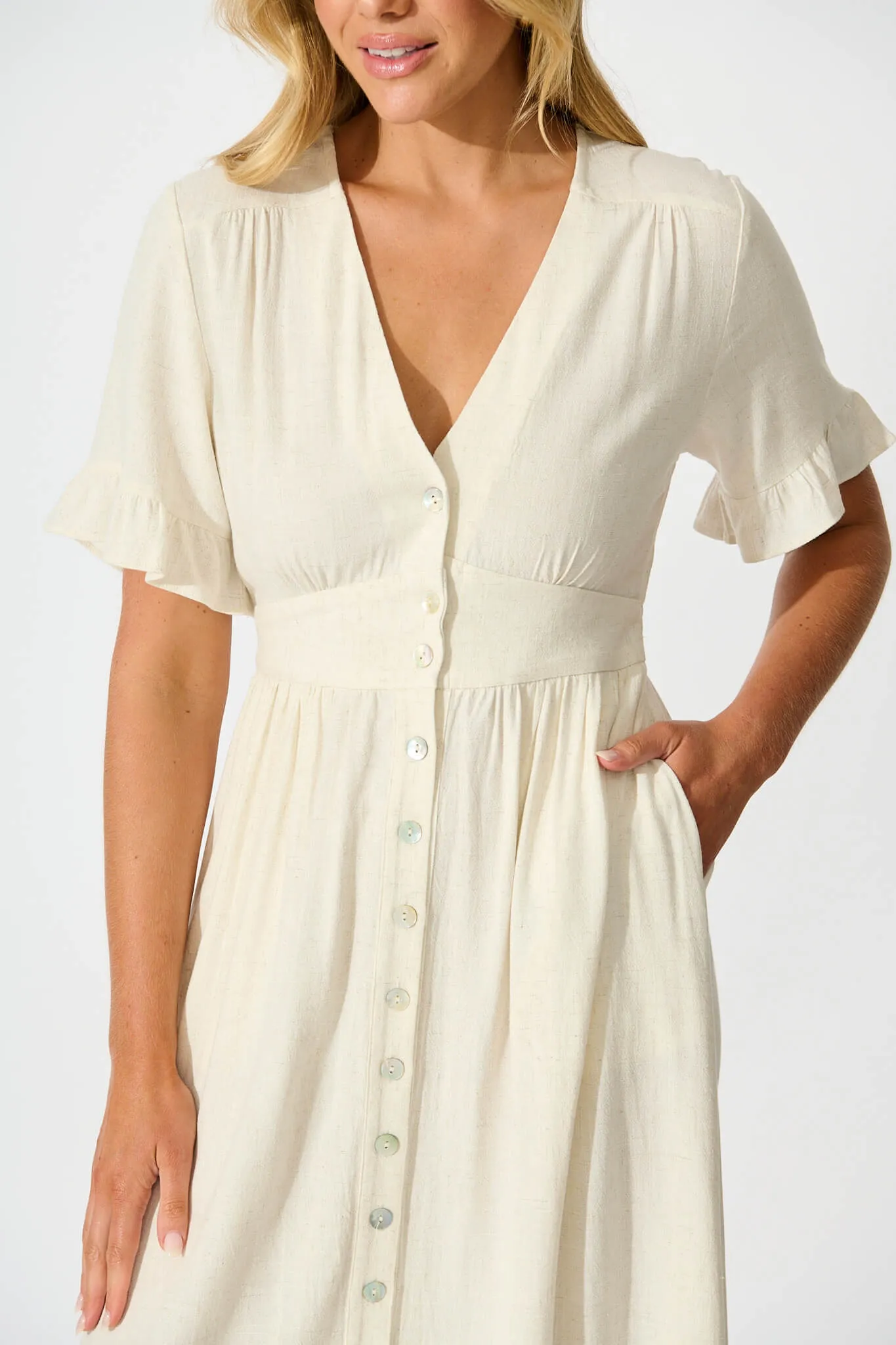 Oatmeal Linen Blend Midi Dress by Daysia
