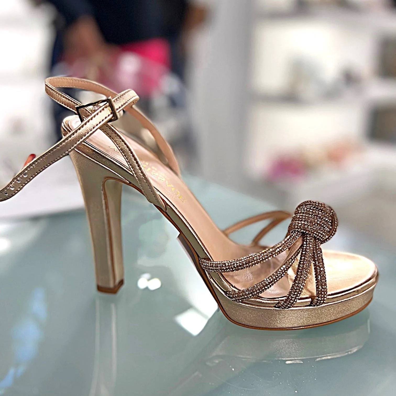 RF 23862 Dark Navy Leather & Rhinestone Cord High Platform Heels