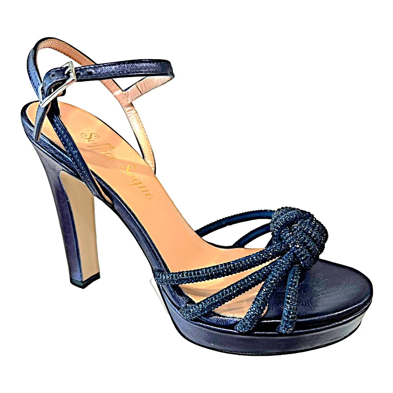 RF 23862 Dark Navy Leather & Rhinestone Cord High Platform Heels