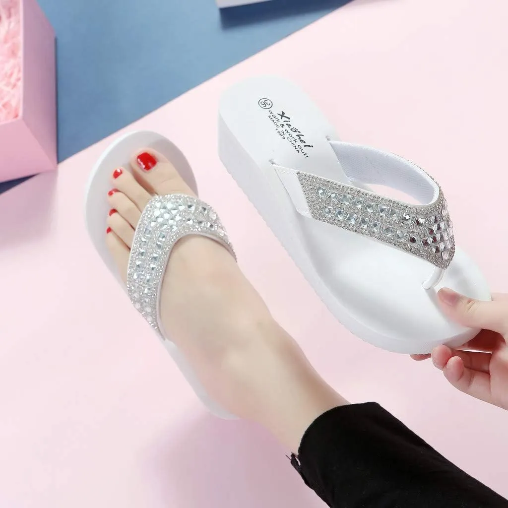 Rhinestones Wedges Flip Flops for Women Bohemia Casual Beach Platform Shoes Summer Fashion Slippers