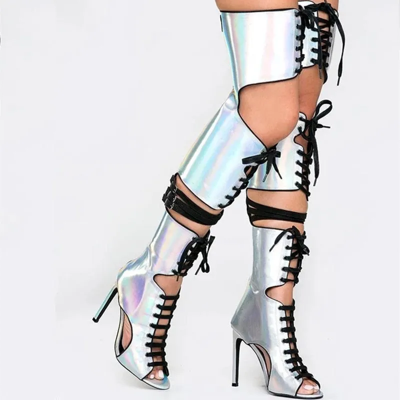 Silver Mirror Thigh High Heels
