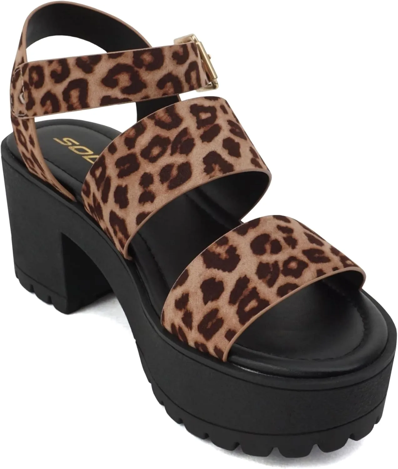 Soda ACCOUNT ~ Women Open Toe Two Bands Lug sole Fashion Block Heel Sandals with Adjustable Ankle Strap