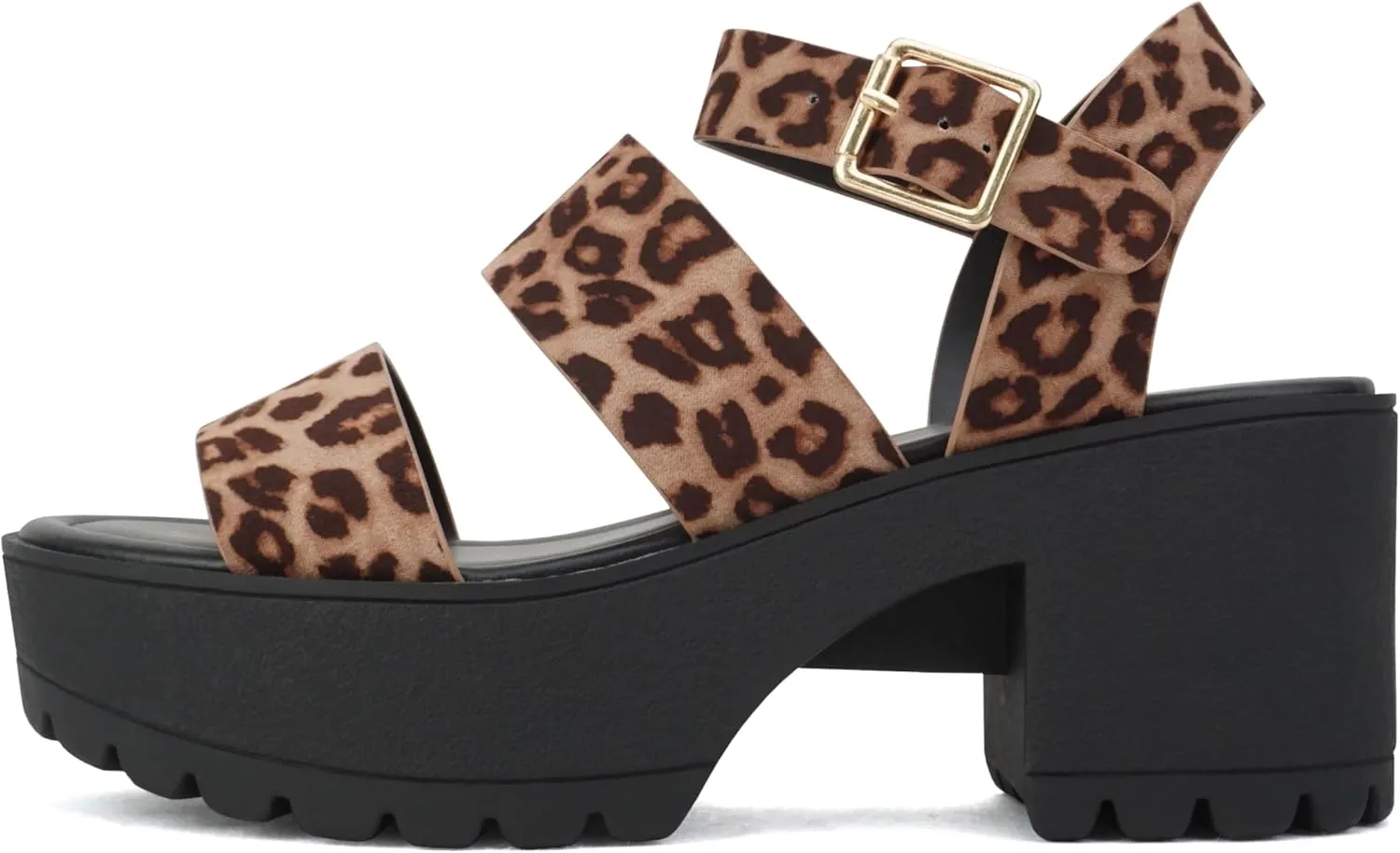 Soda ACCOUNT ~ Women Open Toe Two Bands Lug sole Fashion Block Heel Sandals with Adjustable Ankle Strap